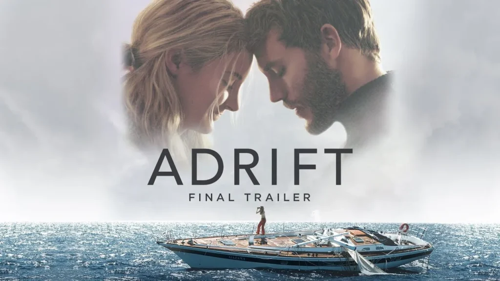 Adrift film artwork featuring Shailene Woodley, Sam Claflin and a sailing yacht