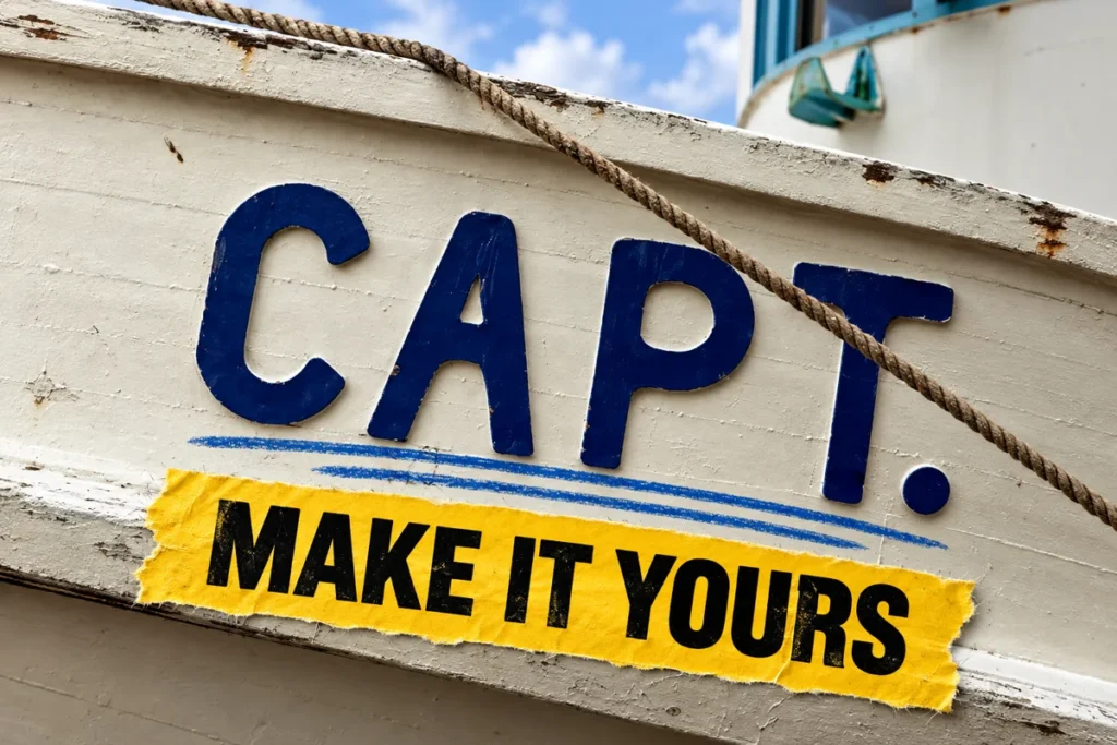 Blue CAPT. lettering on a weathered boat hull with a Make It Yours sticker.