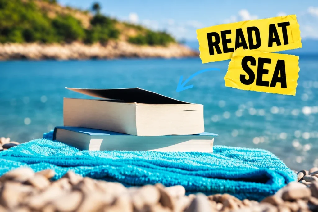 Books beside turquoise water with a torn yellow Read at Sea sticker.