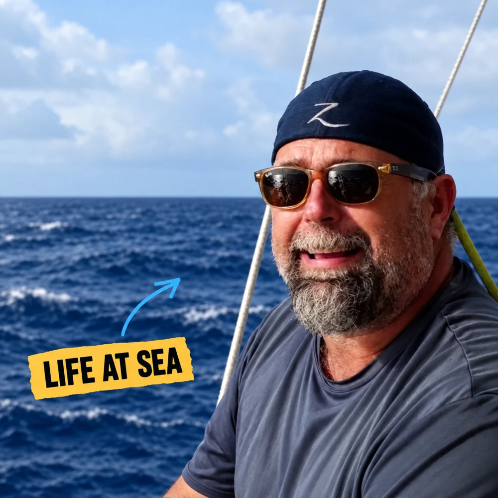Keith from Sailing Zatara at sea, with a yellow Life at Sea annotation and blue arrow.