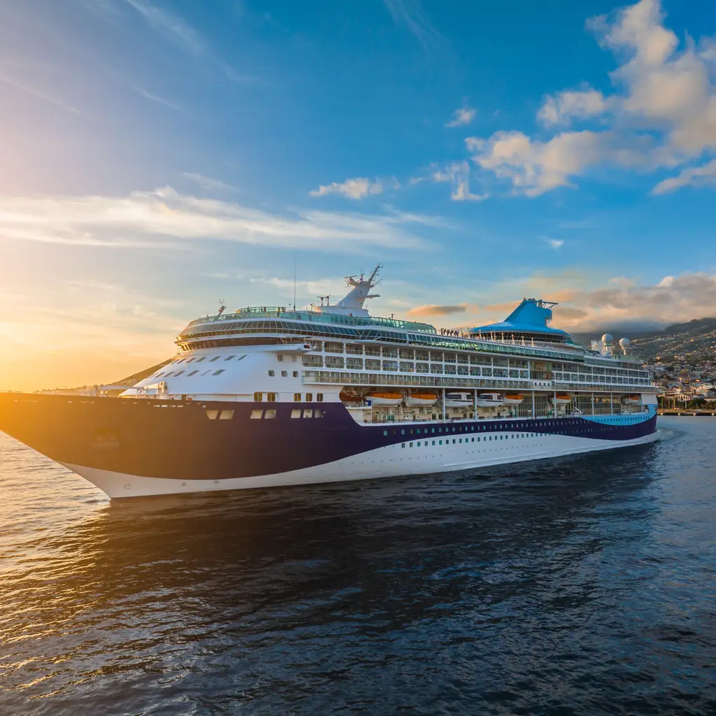 A cruise ship offshore near a coastal town at sunset