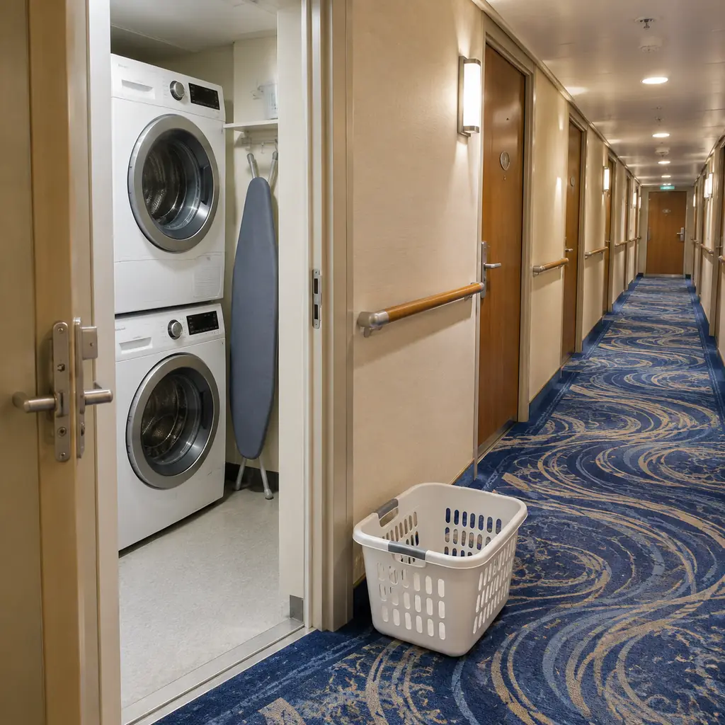 An open self-service laundry room doorway off a cruise ship cabin corridor