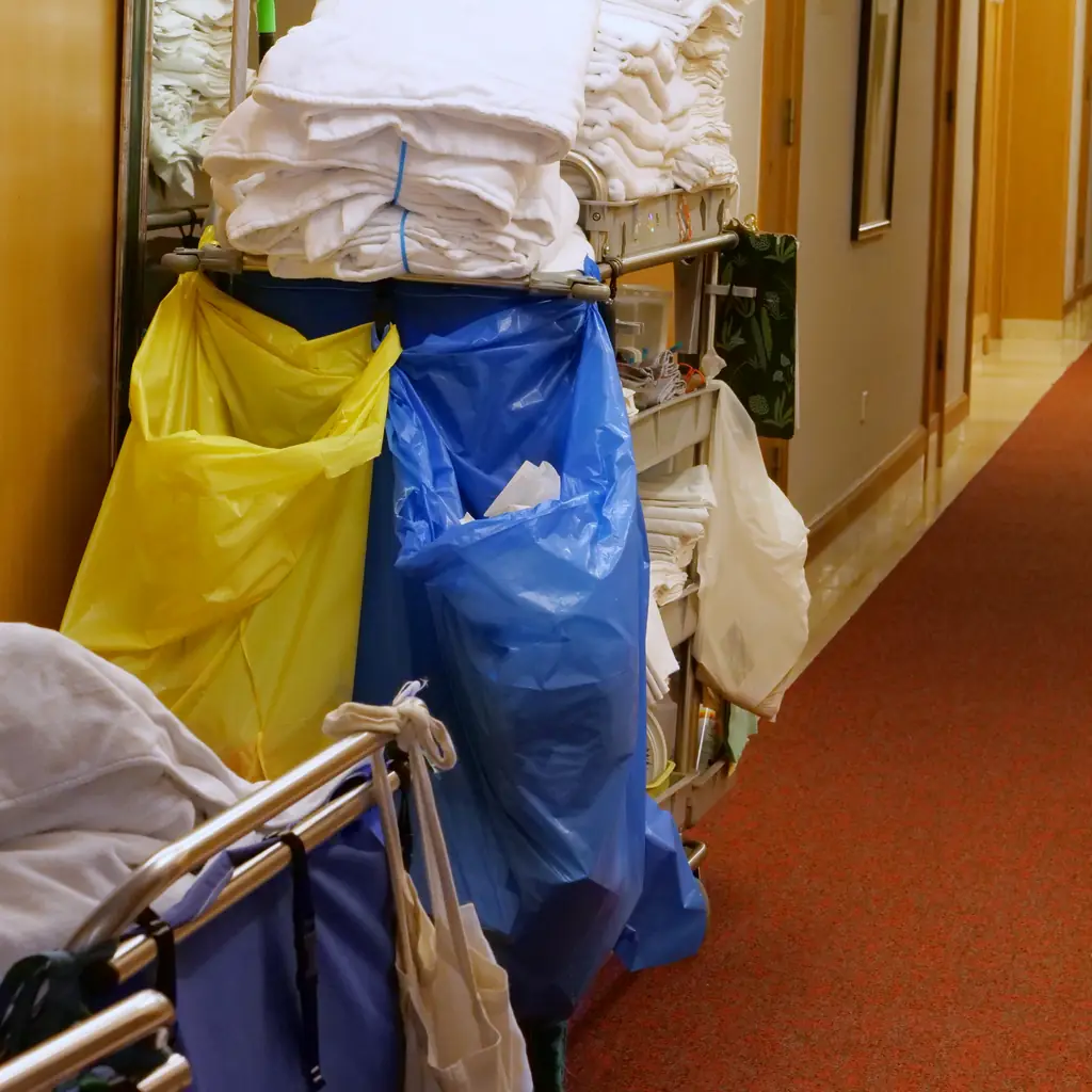 A housekeeping cart parked in a cruise ship cabin corridor beside a service door