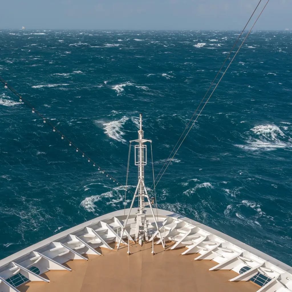 A cruise ship's bow pitching into a swell with spray over the forward decks