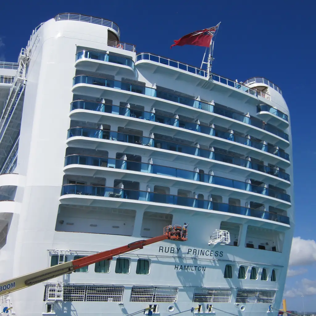Tiered balconies on the side of a Princess Grand-class cruise ship