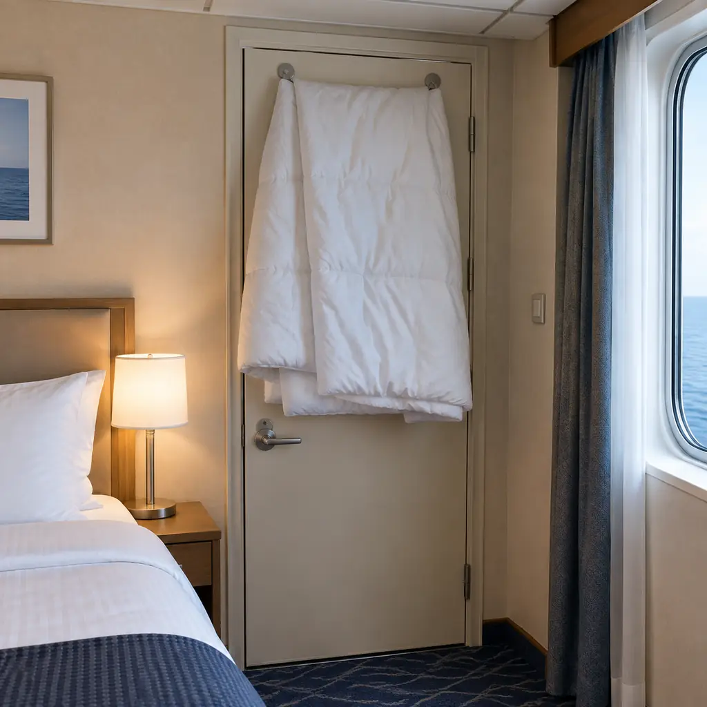 A spare comforter hung over a connecting door inside a cruise cabin