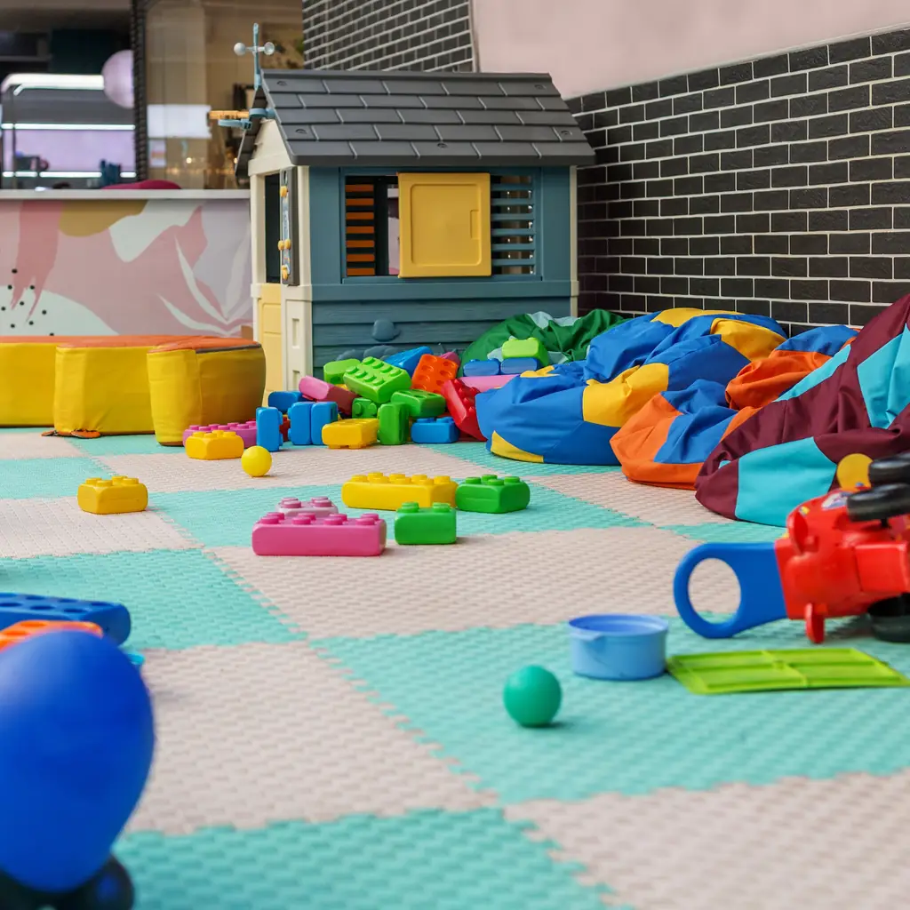 A colorful, empty kids club playroom on a cruise ship