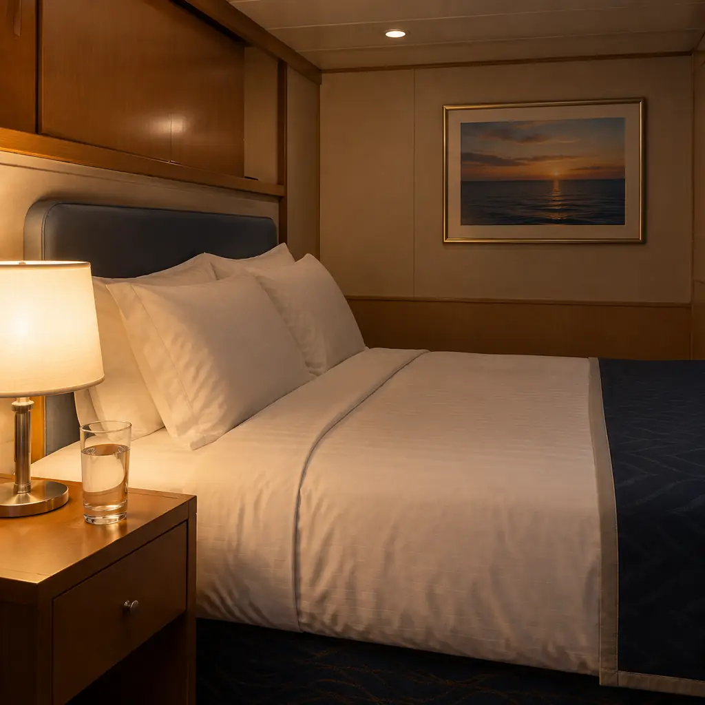 A quiet windowless inside cabin on a cruise ship with a glass of water on the nightstand