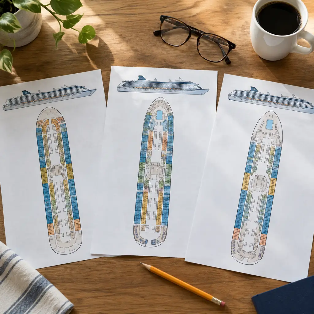 Three consecutive cruise ship deck plans laid side by side on a table with a pencil and reading glasses