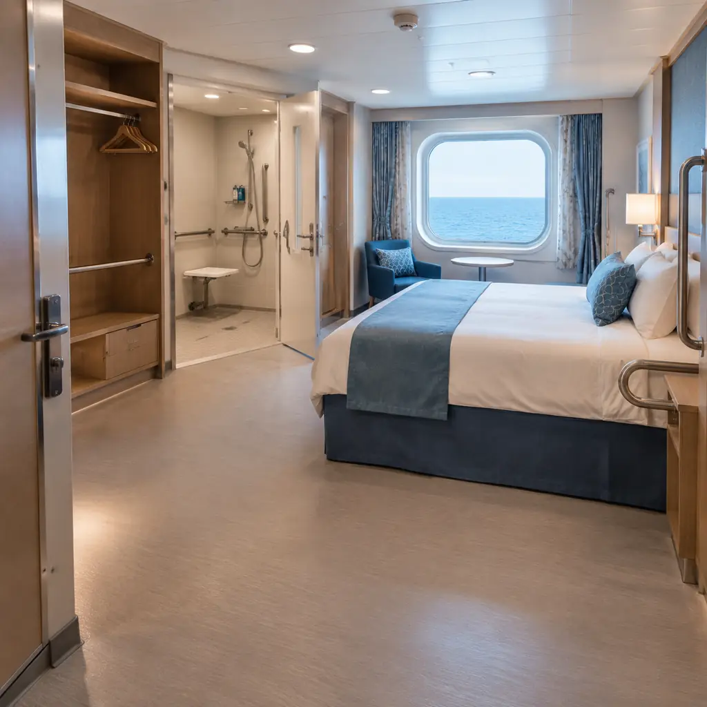 An accessible cruise cabin with a wide doorway, grab rails and a roll-in shower