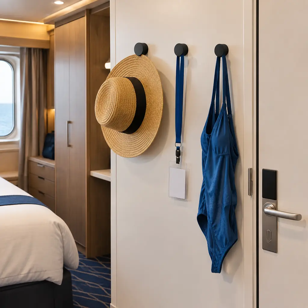 Magnetic hooks holding a hat and a hanging swimsuit on the metal wall of a compact cruise cabin