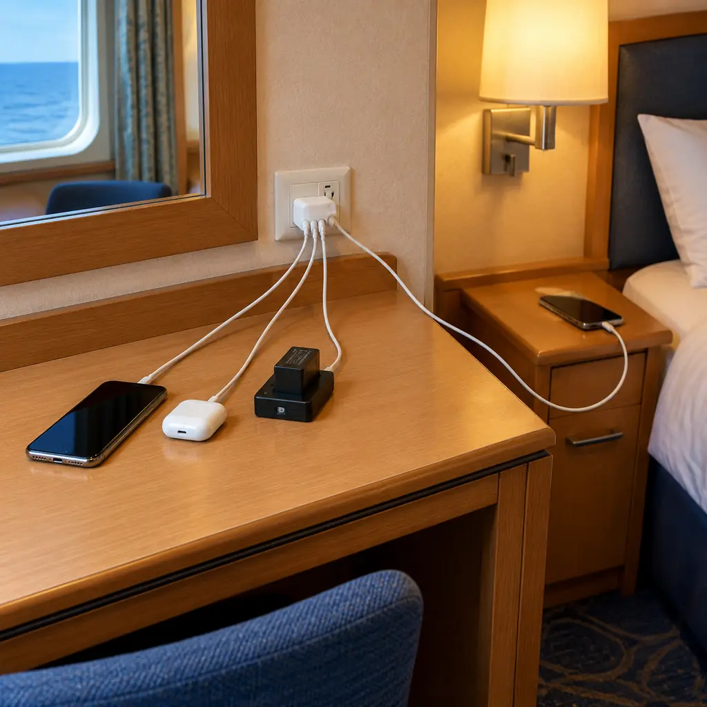 Small USB charging cube plugged into a cruise cabin desk outlet with several cables running from it, one reaching toward the bed