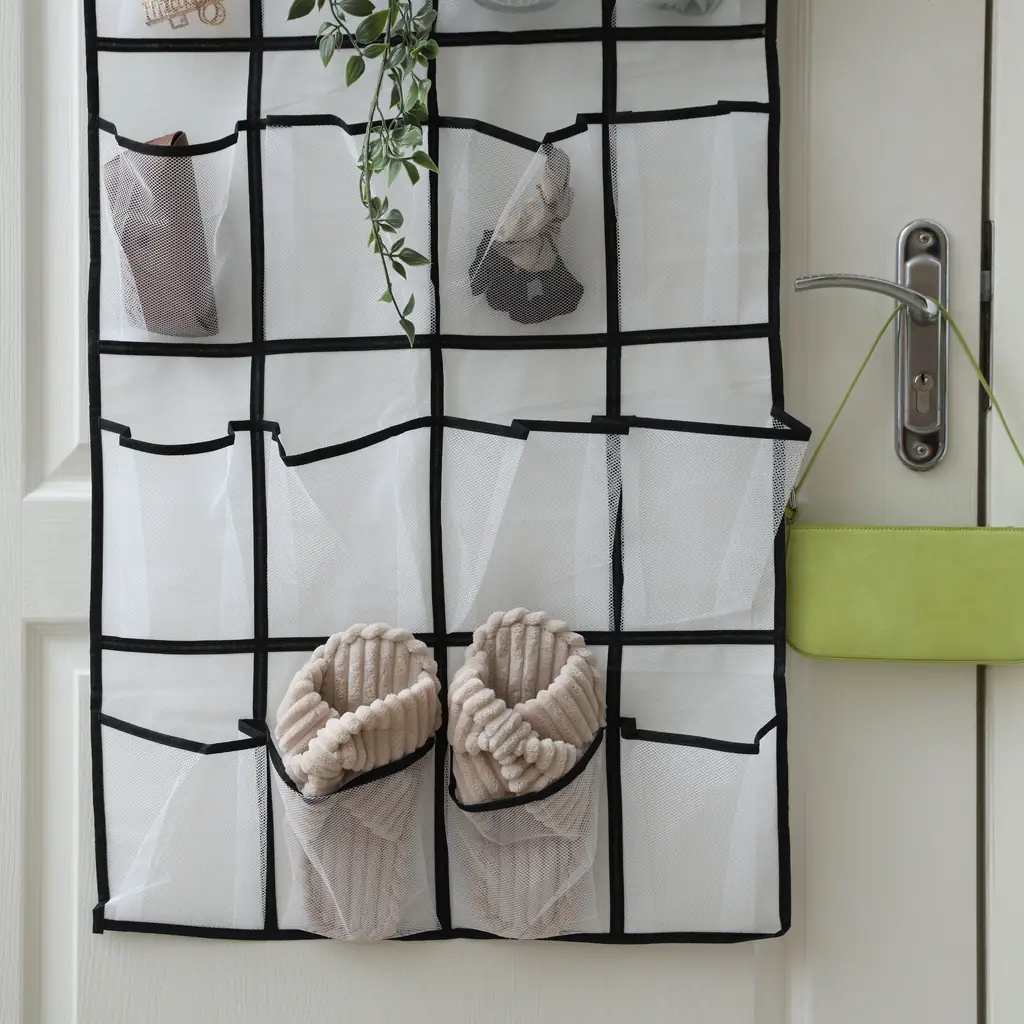 A white over-the-door pocket organizer holding slippers and small items