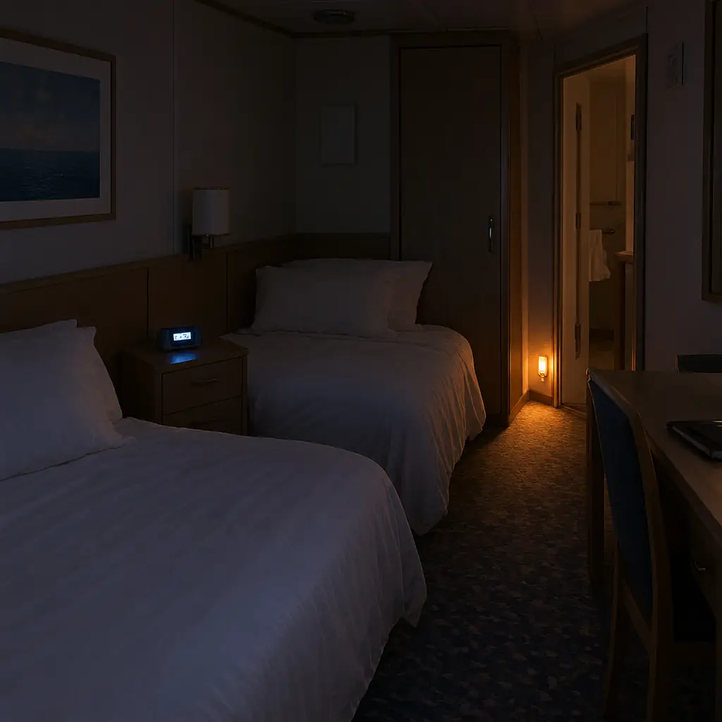 Dark windowless cruise cabin at night with a glowing battery alarm clock on the nightstand and a small nightlight near the bathroom door