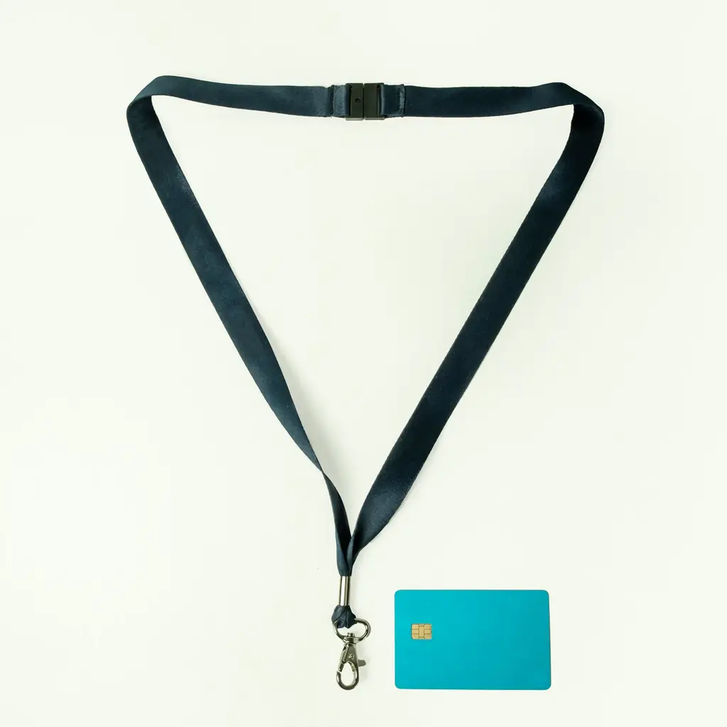 A plain lanyard with a clip beside a blank card