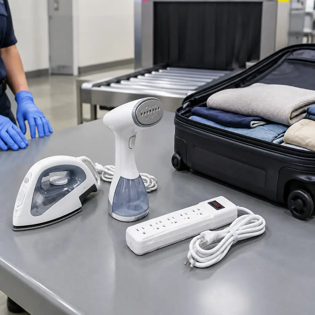 Travel iron, handheld garment steamer and surge-protected power strip laid out on a cruise terminal security table beside an open suitcase
