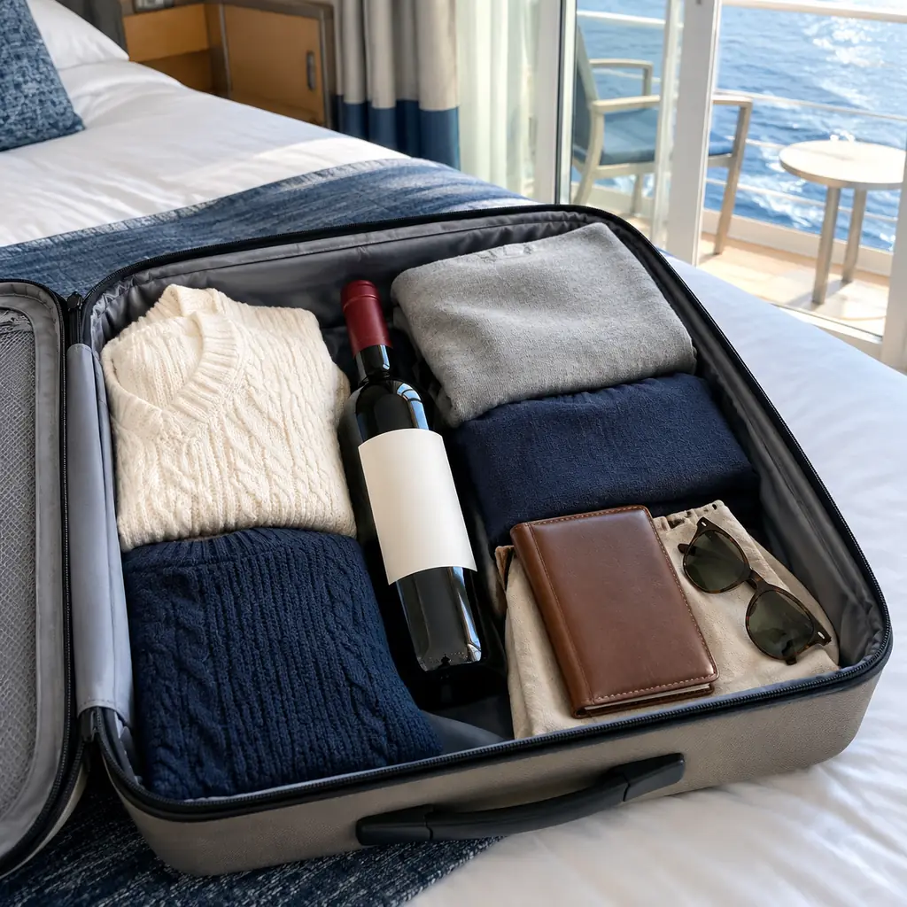 A sealed bottle of wine packed inside an open carry-on bag with travel items