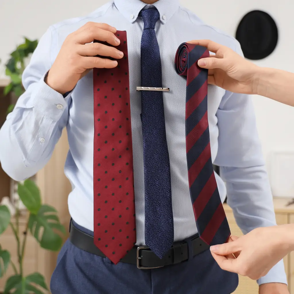 A man choosing between two ties held against a dress shirt