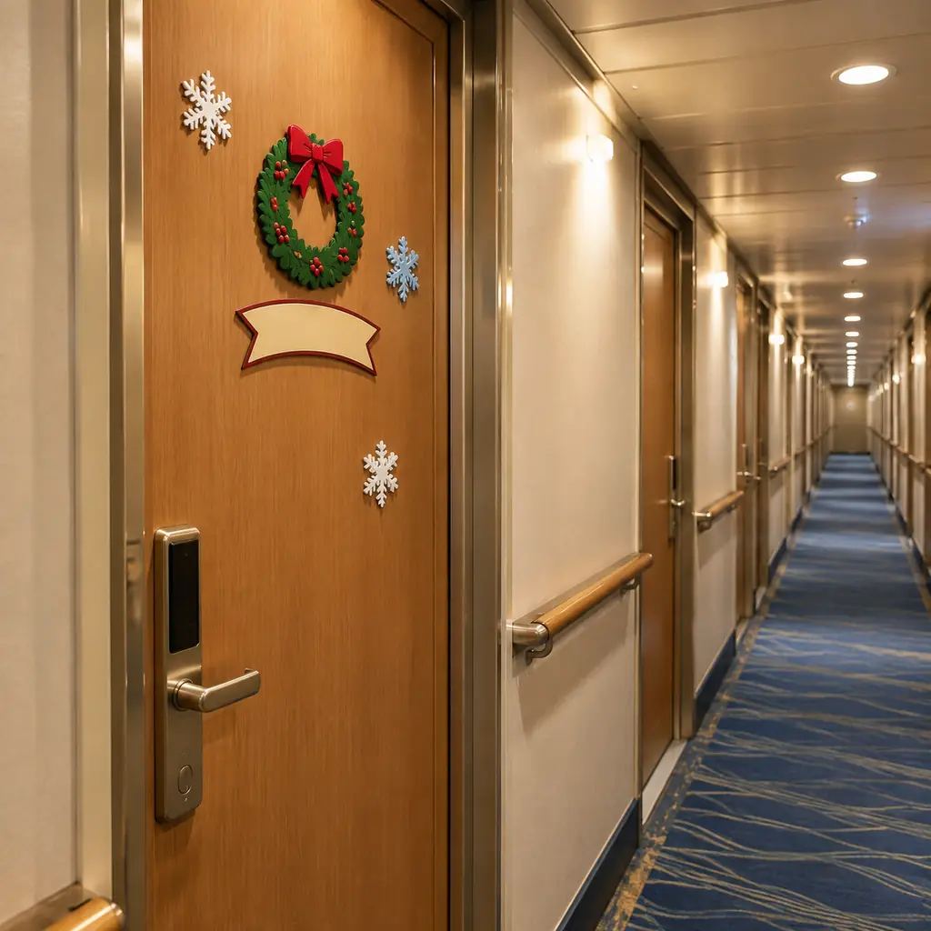 A cruise cabin door decorated with flat holiday magnets in a ship corridor
