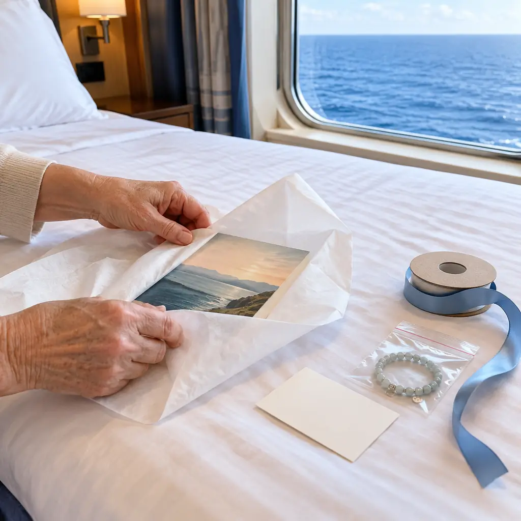 Small flat gifts being wrapped in tissue paper on a cruise cabin bed with the sea visible through the window