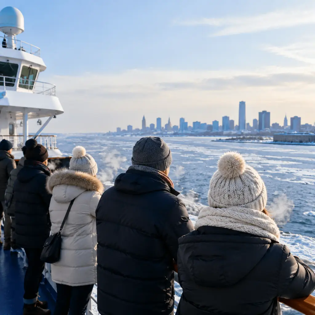 Passengers in winter coats on an open deck as a cruise ship leaves a wintry harbor