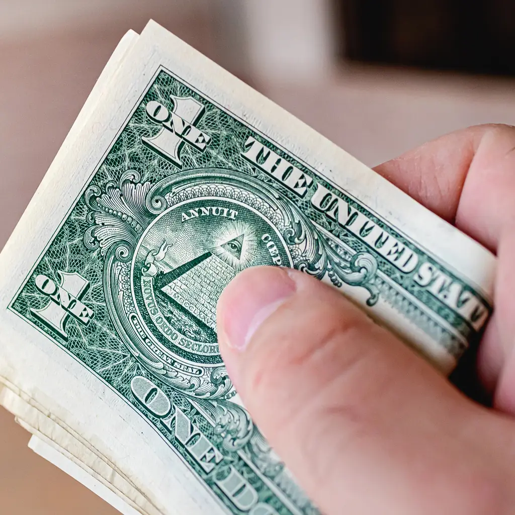A hand holding a small stack of U.S. dollar bills