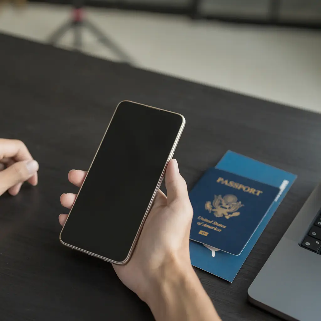 A hand holding a smartphone beside a closed U.S. passport and a travel ticket folder on a desk