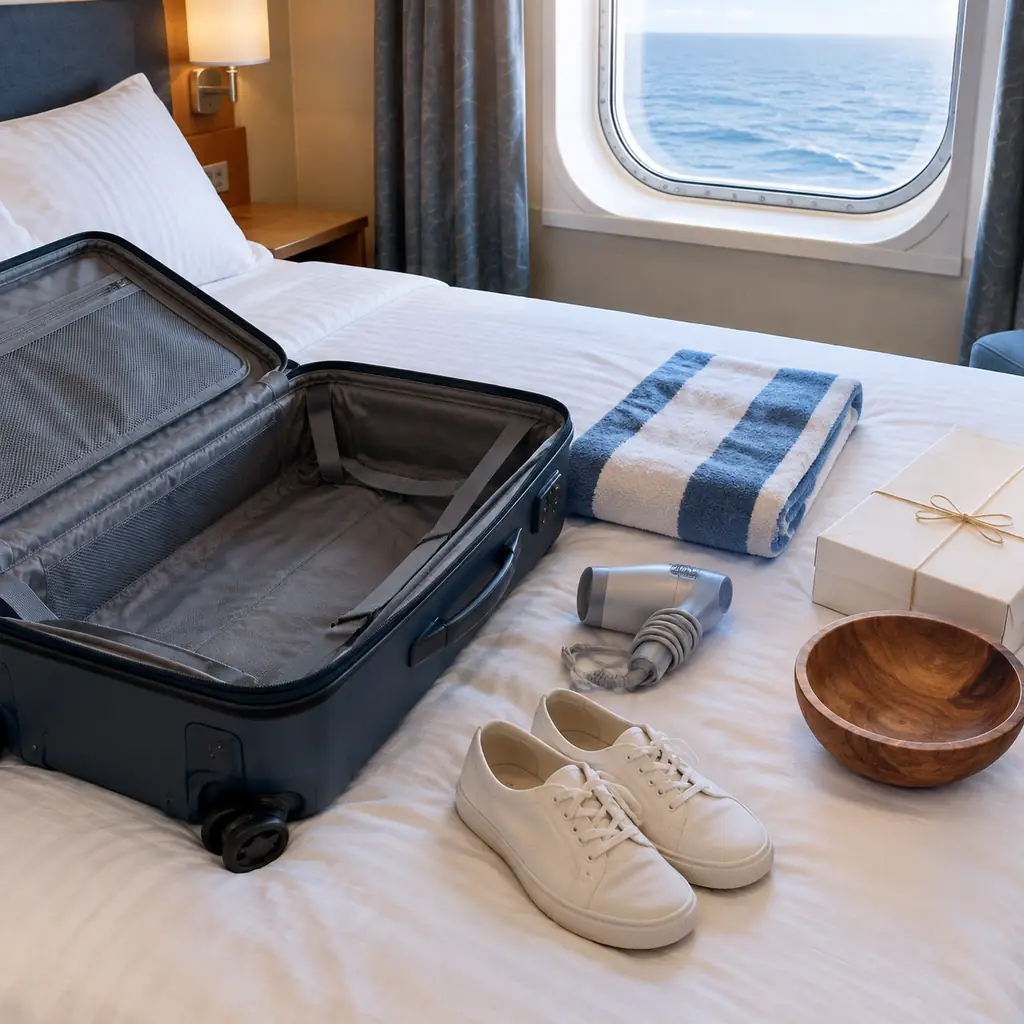 A half-empty open suitcase in a cruise cabin with an unused beach towel, hair dryer and extra shoes set aside and souvenirs waiting to be packed