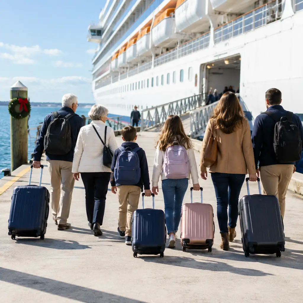 A multigenerational family with rolling luggage walking toward a cruise ship at the terminal