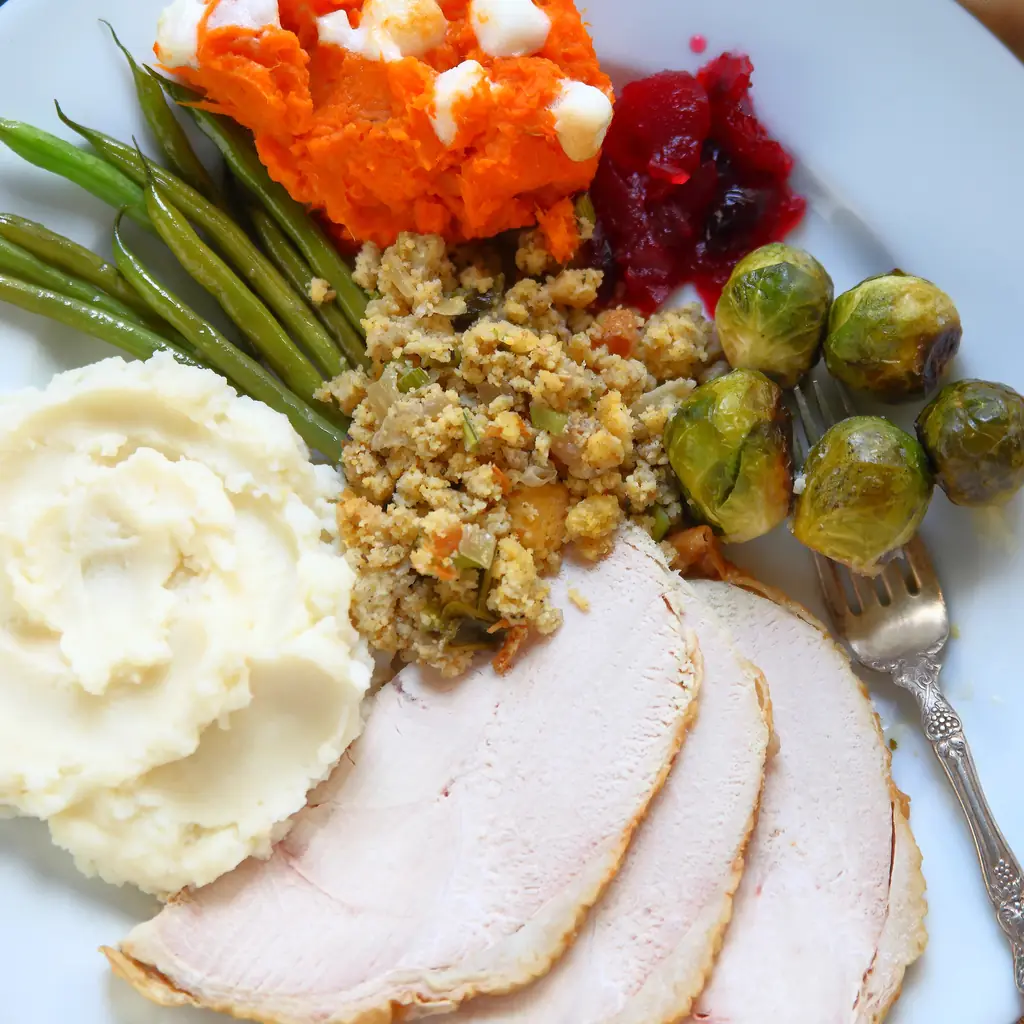 A plated Thanksgiving dinner of roast turkey, stuffing, mashed potatoes, gravy and cranberry sauce