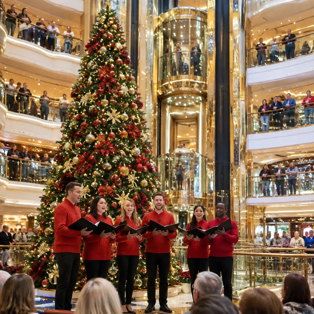 Carolers singing beside a decorated Christmas tree in an atrium