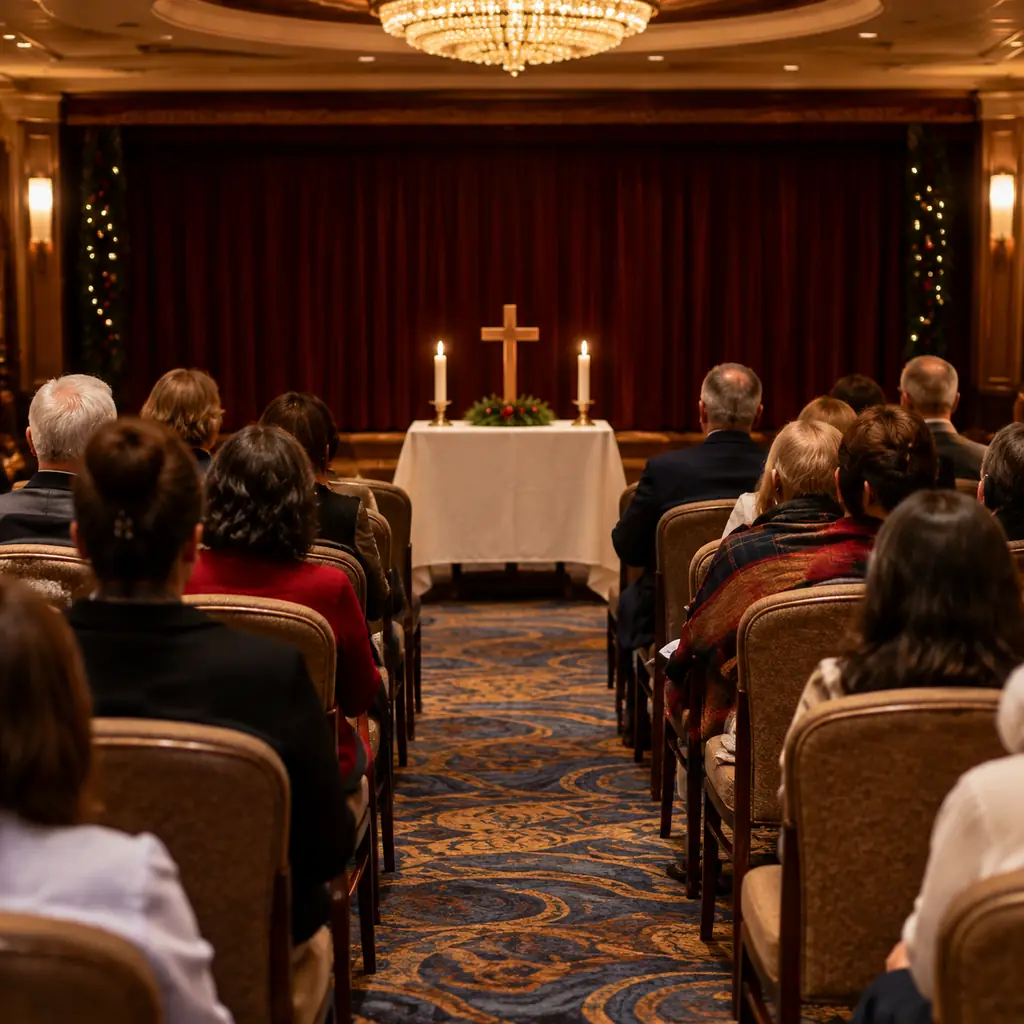 Passengers seated in rows in a cruise ship lounge for a Christmas Eve service, seen from behind