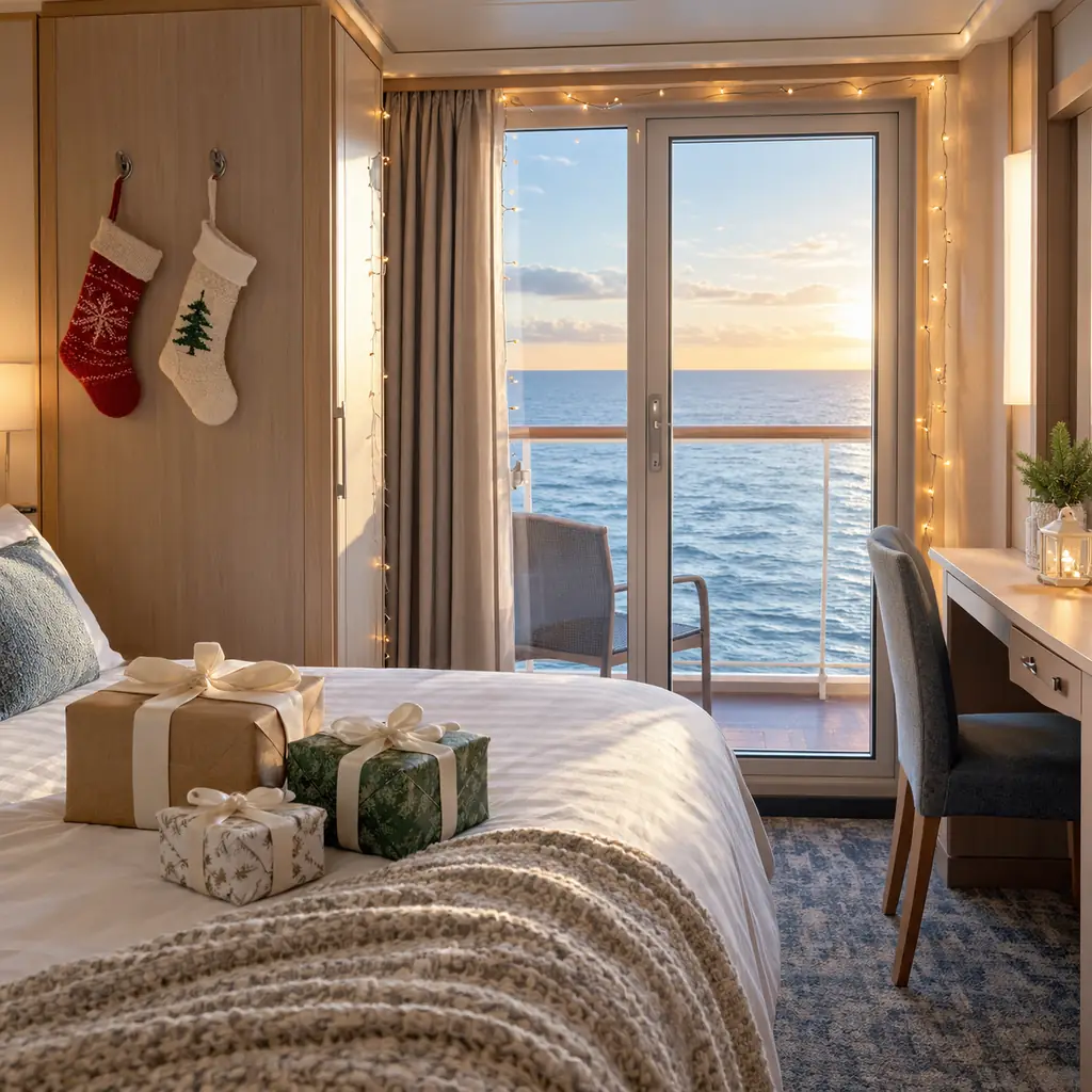 Small stockings, wrapped gifts and string lights inside a compact cruise cabin on Christmas morning, with the sea outside the balcony door