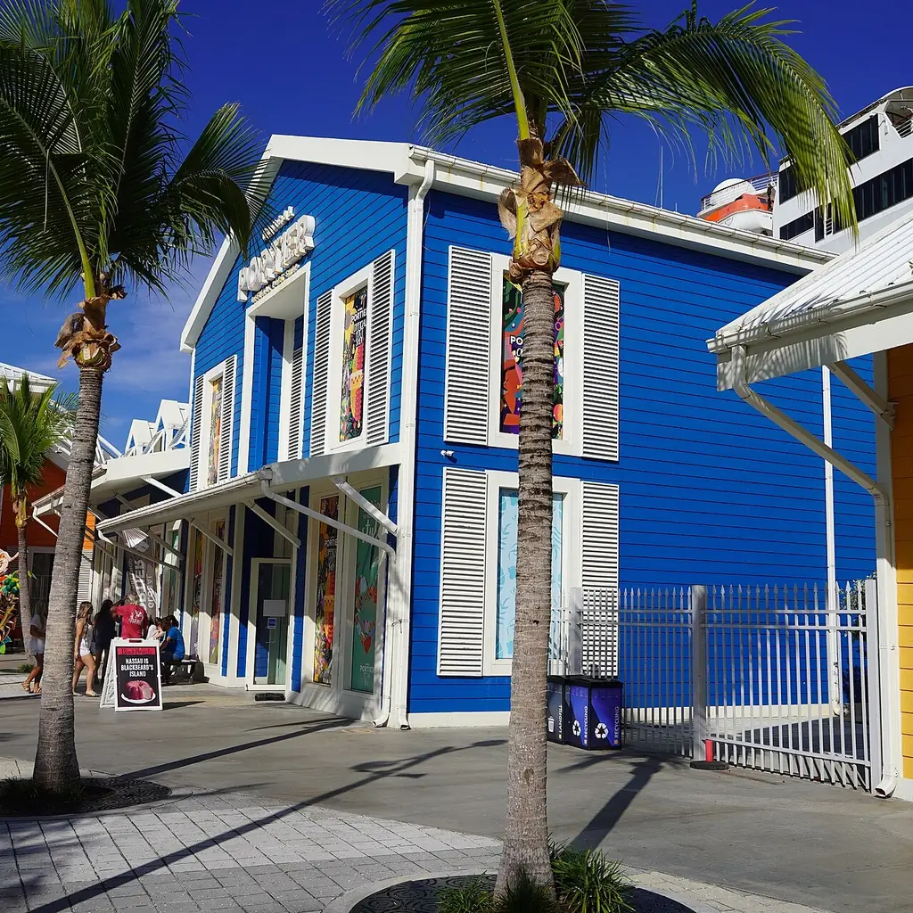 Colorful buildings at the Nassau Cruise Port in downtown Nassau, Bahamas
