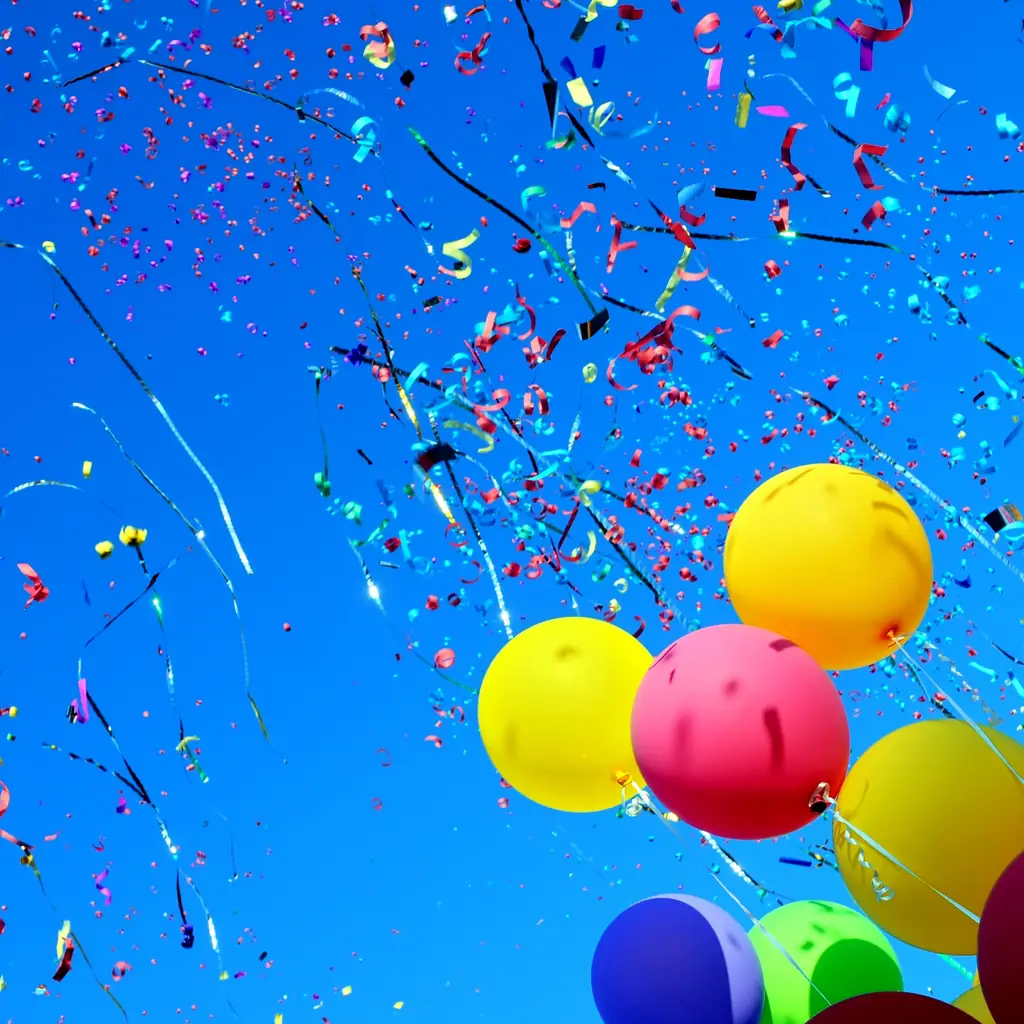 Balloons and confetti falling against a bright sky at a deck party