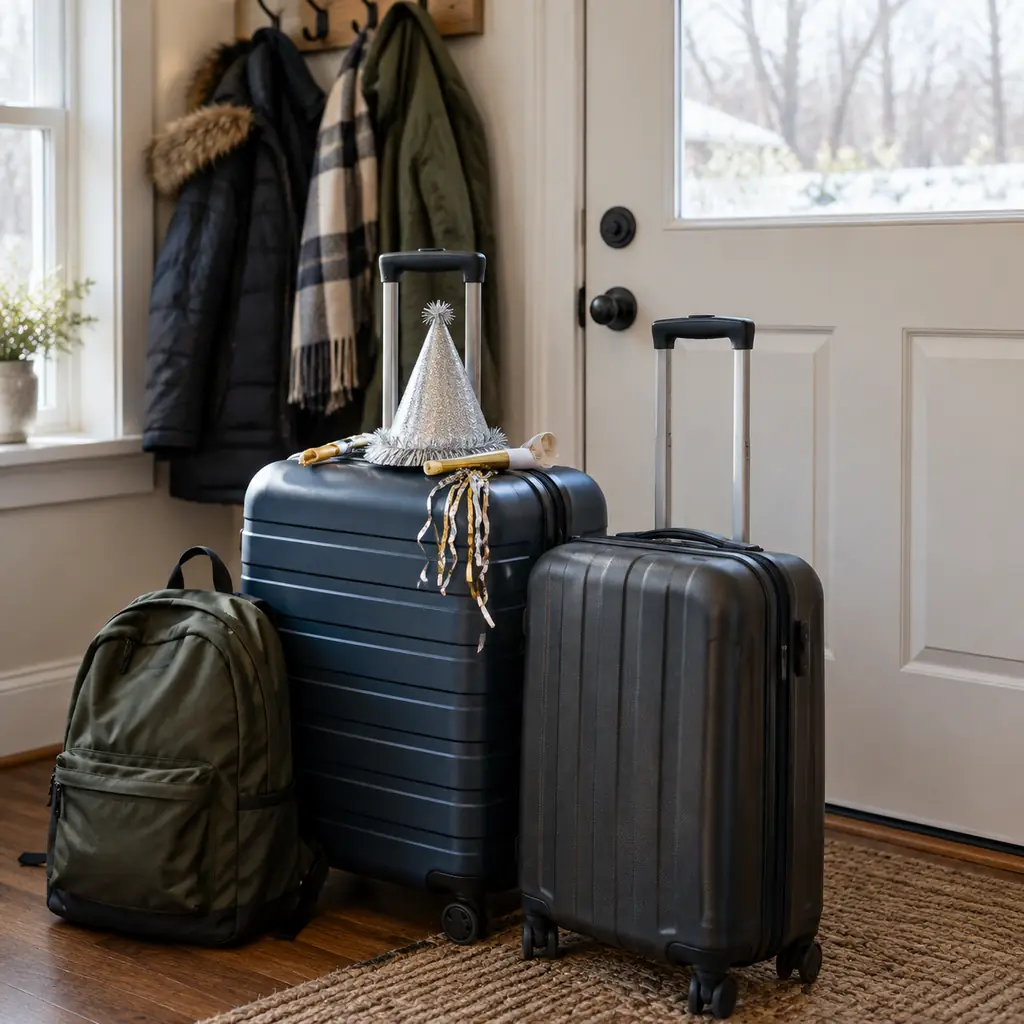 Packed suitcases by a front door with a glittery party hat and noisemaker left on top