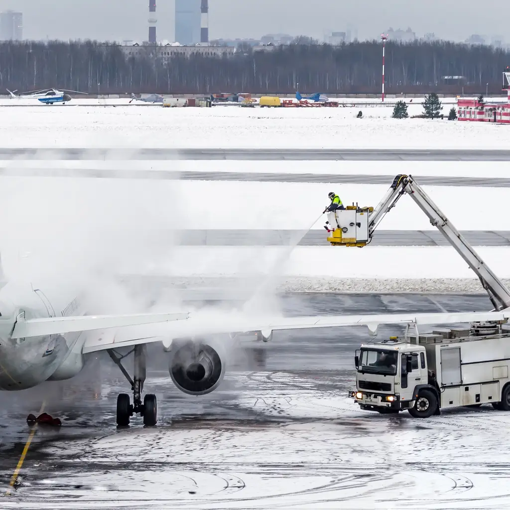 A passenger jet being de-iced on a snowy airport apron in winter