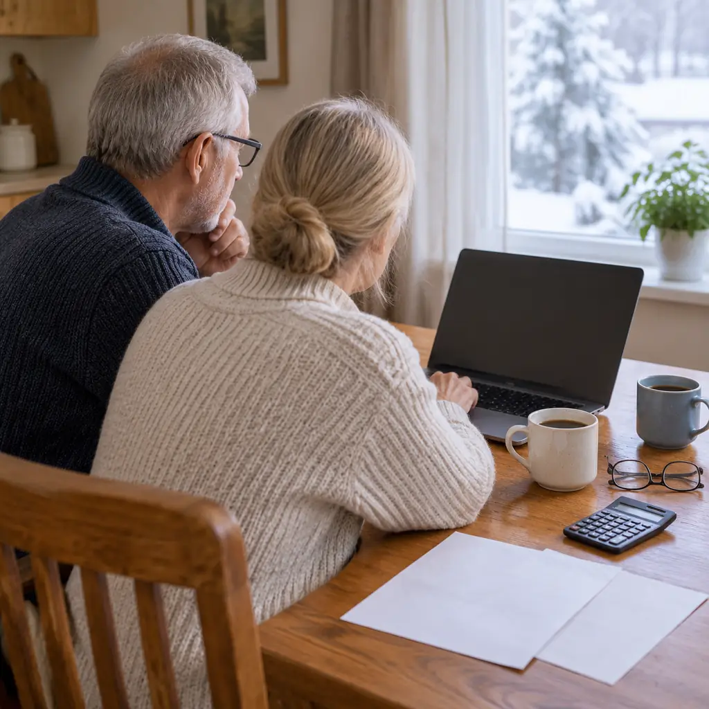 An older couple at a kitchen table with a laptop turned away, printed pages, a calculator and coffee, comparing cruise fares