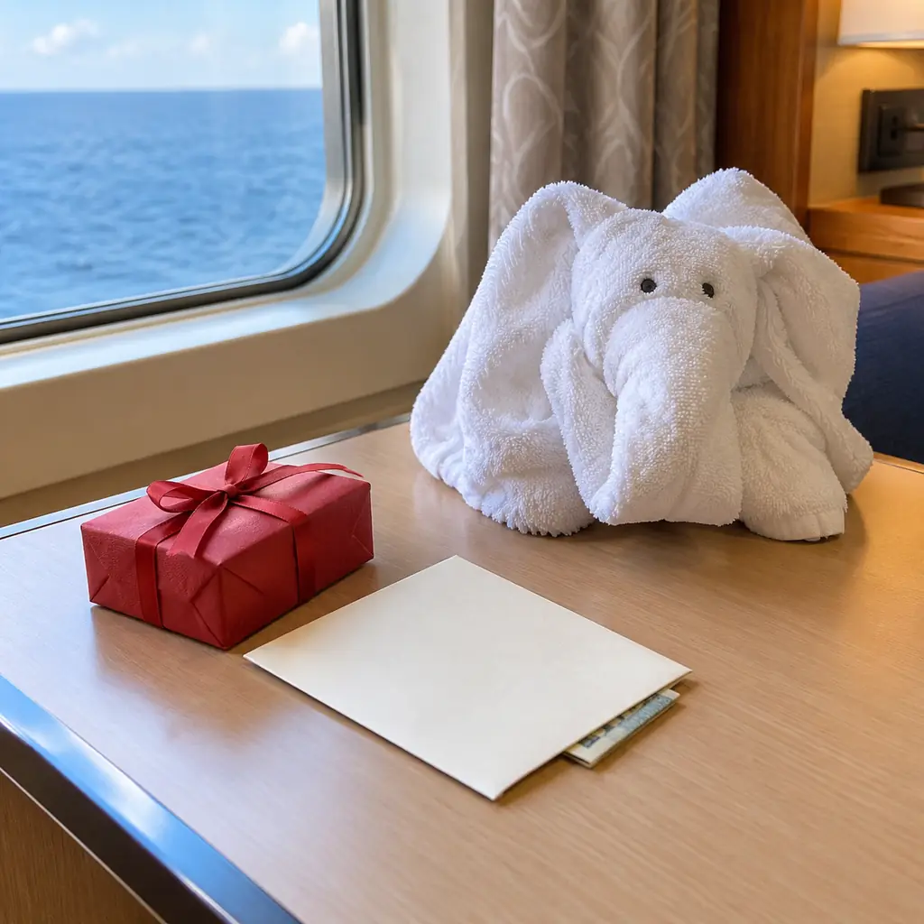 A card, a small wrapped gift and a folded bill left on a cruise cabin desk beside a towel animal