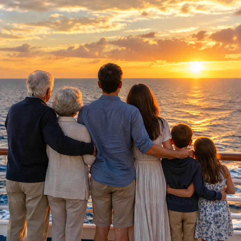 A three-generation family at a cruise ship railing at sunset, seen from behind