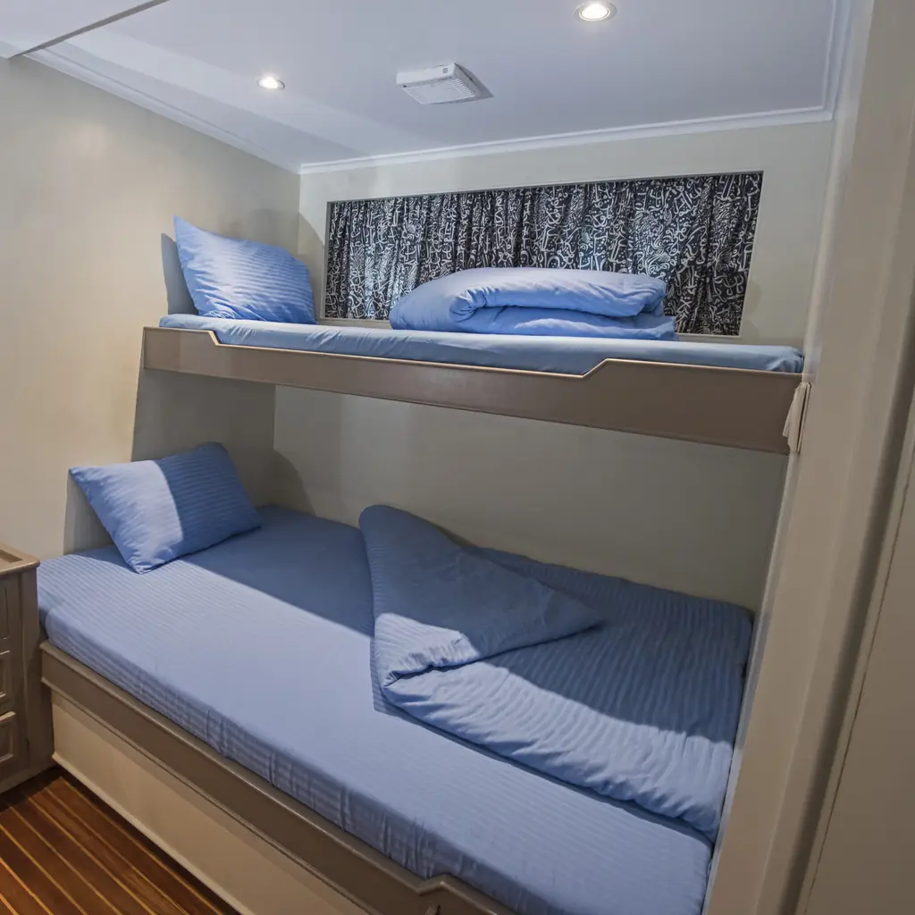 A compact cabin with an upper bunk folded down above the lower bed