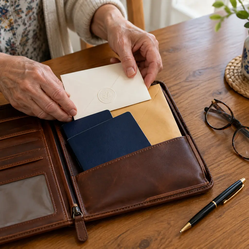 Hands tucking a notarized letter, passports and a document envelope into a travel wallet on a kitchen table