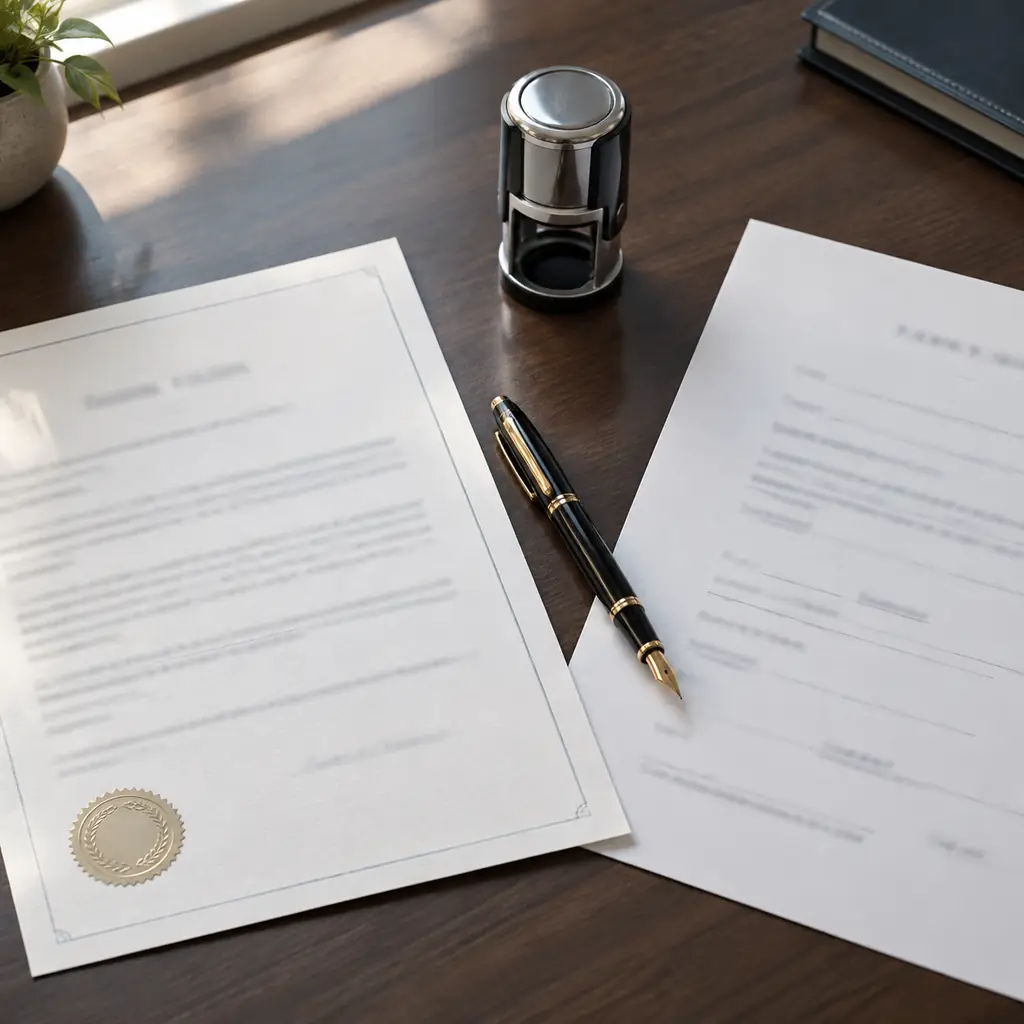 Two consent forms side by side on a desk with a notary seal and stamp, text not legible