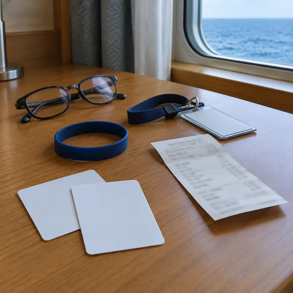 Two cruise keycards and a wristband on a cabin desk beside a folded account printout