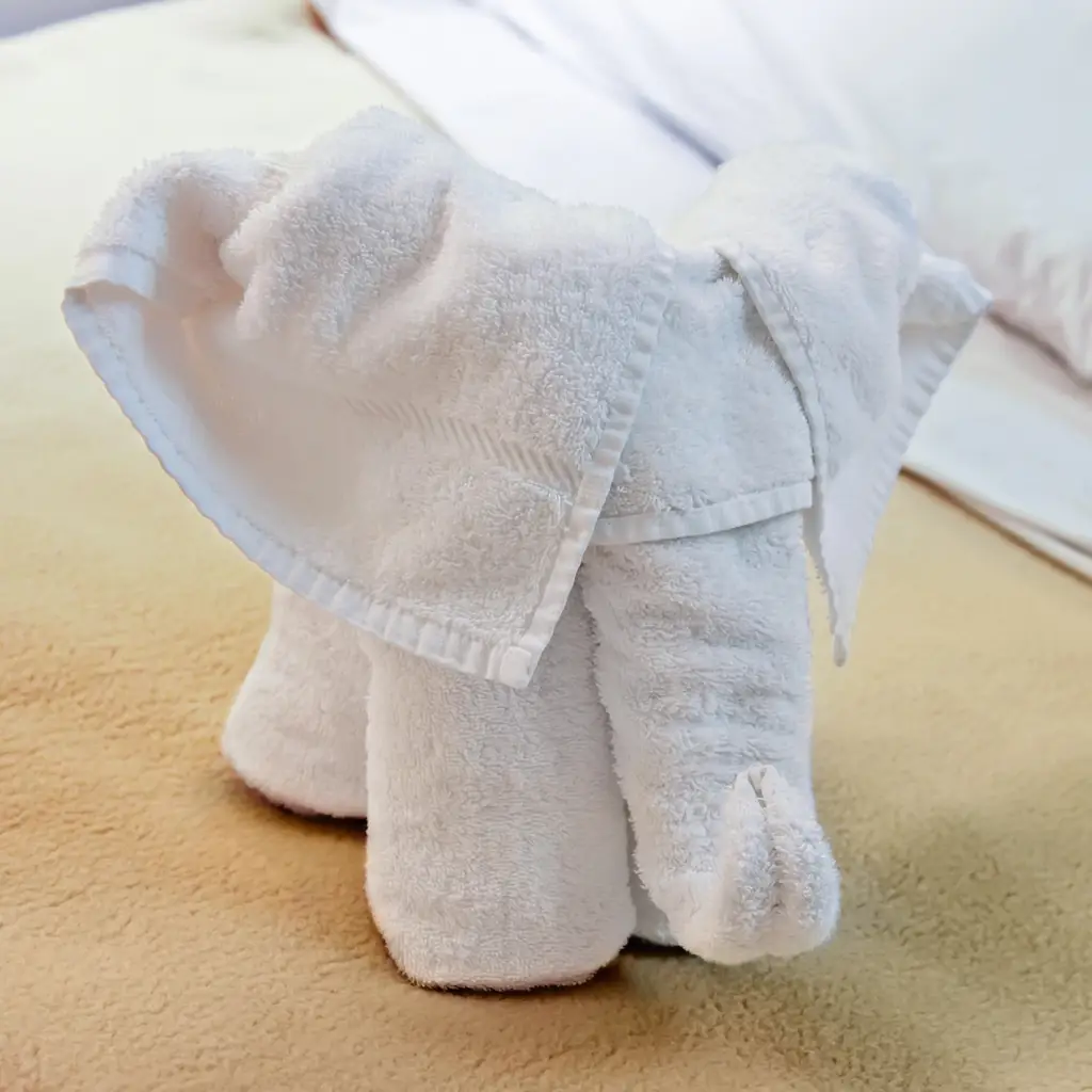 A towel animal on a cruise cabin bed