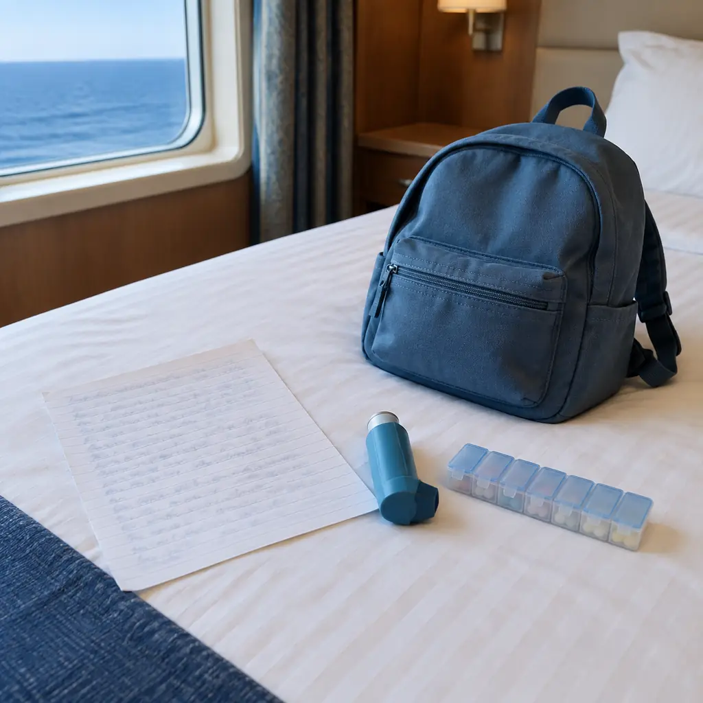 Handwritten medical sheet beside an inhaler, pill organizer and a child's backpack on a cabin bed