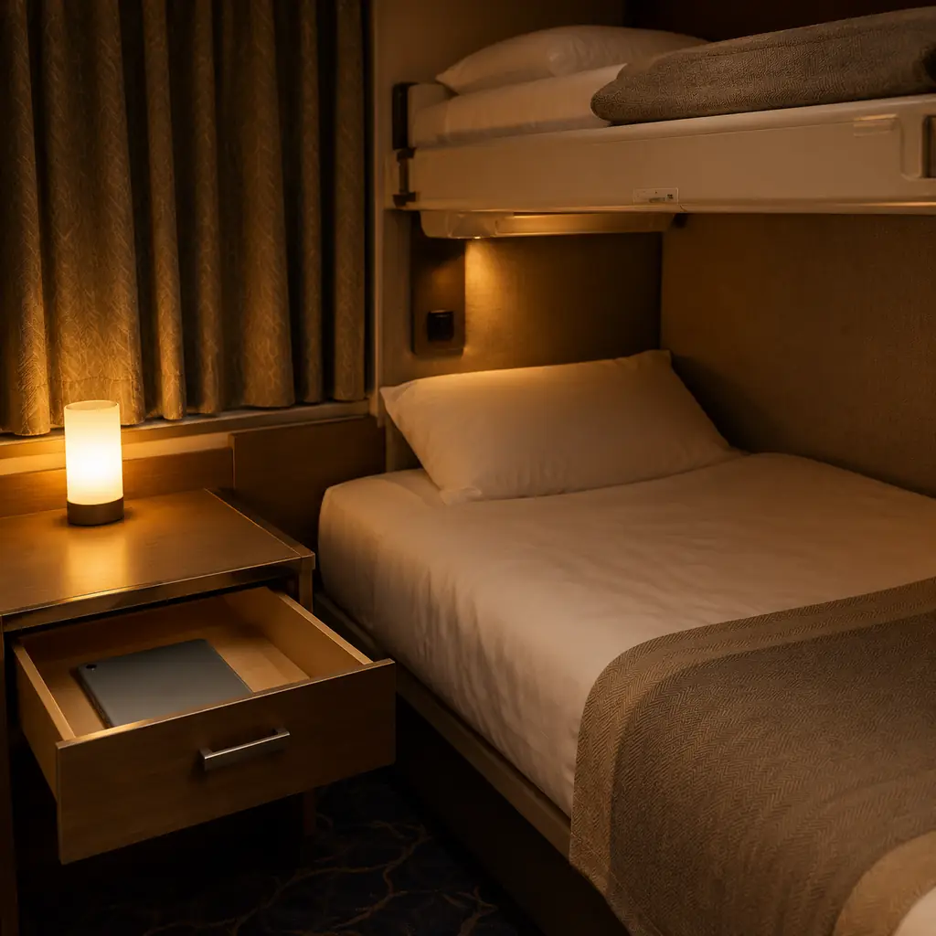 Tablet face-down in an open cabin drawer at night beside a nightlight, bunk bed above