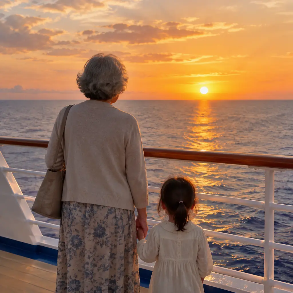 Grandparent and young child holding hands at a cruise ship railing at sunset, seen from behind