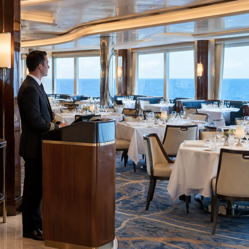 A maitre d' at the host podium of an empty cruise ship dining room in the afternoon
