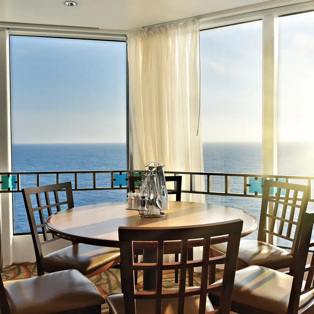 A round table by sea-view windows in a ship's dining lounge